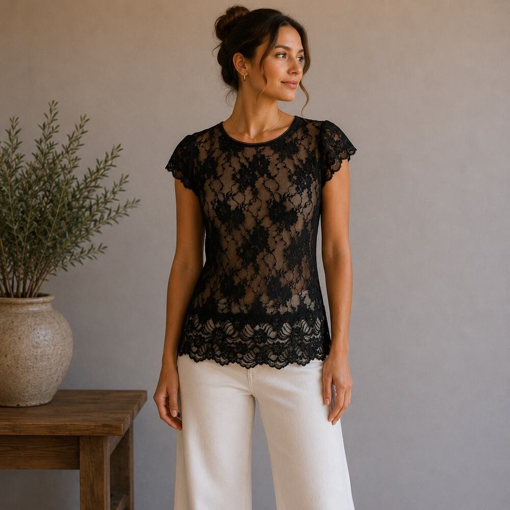 Vintage Black Lace Layers Short Sleeve Whimsigoth Top Large